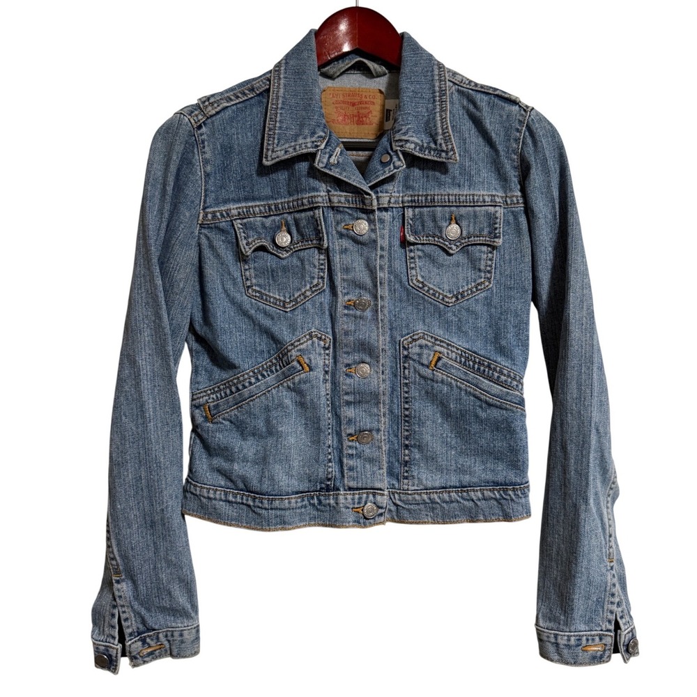 Levis Denim Trucker Jacket Medium Wash Stretch Blue Womens Junior Small vintage